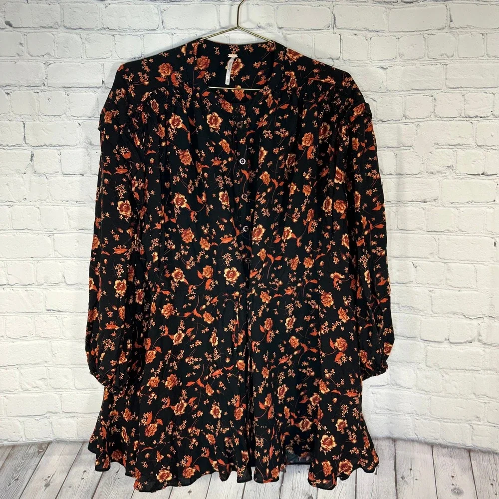 Free People Black Orange Floral Long Sleeve Ruffle Mini Dress XS Pockets FLAW